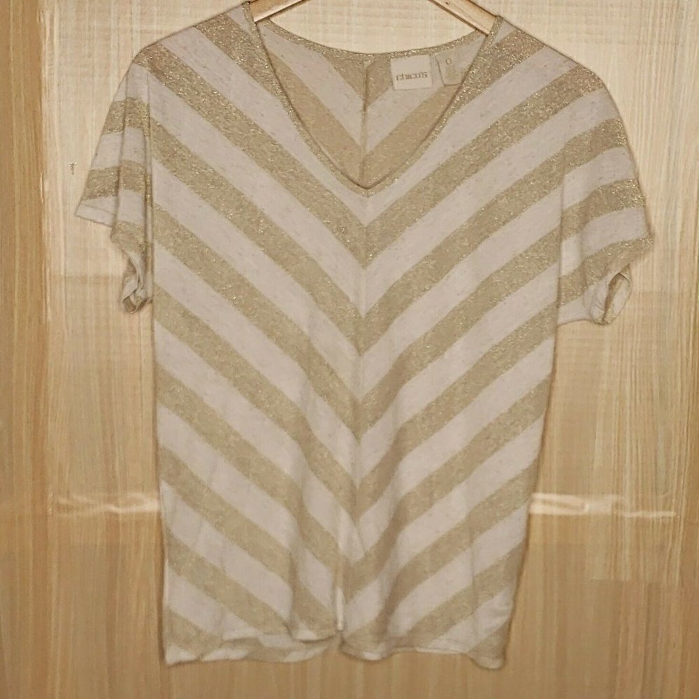 Chico's Womens Cream Gold Striped linen blend Short Sleeve Knit Top Small
